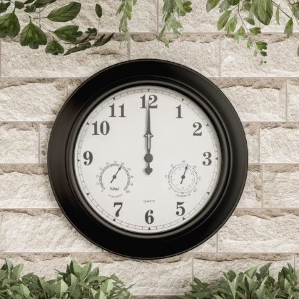 Wall Clock Thermometer, Indoor/Outdoor Decorative 18-inch Quartz Battery-Powered, Waterproof, Nature Spring, Mfr#: 106171GRO